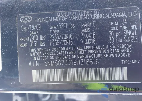 2009 Hyundai Santa Fe Gls z USA, uszkodzony, nr VIN 5NMSG73D19H318816